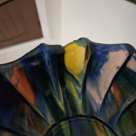 Vintage Oaxacan Dripware Scalloped Ceramic Bowl - Blue, Orange, Yellow - Picture 6 of 7